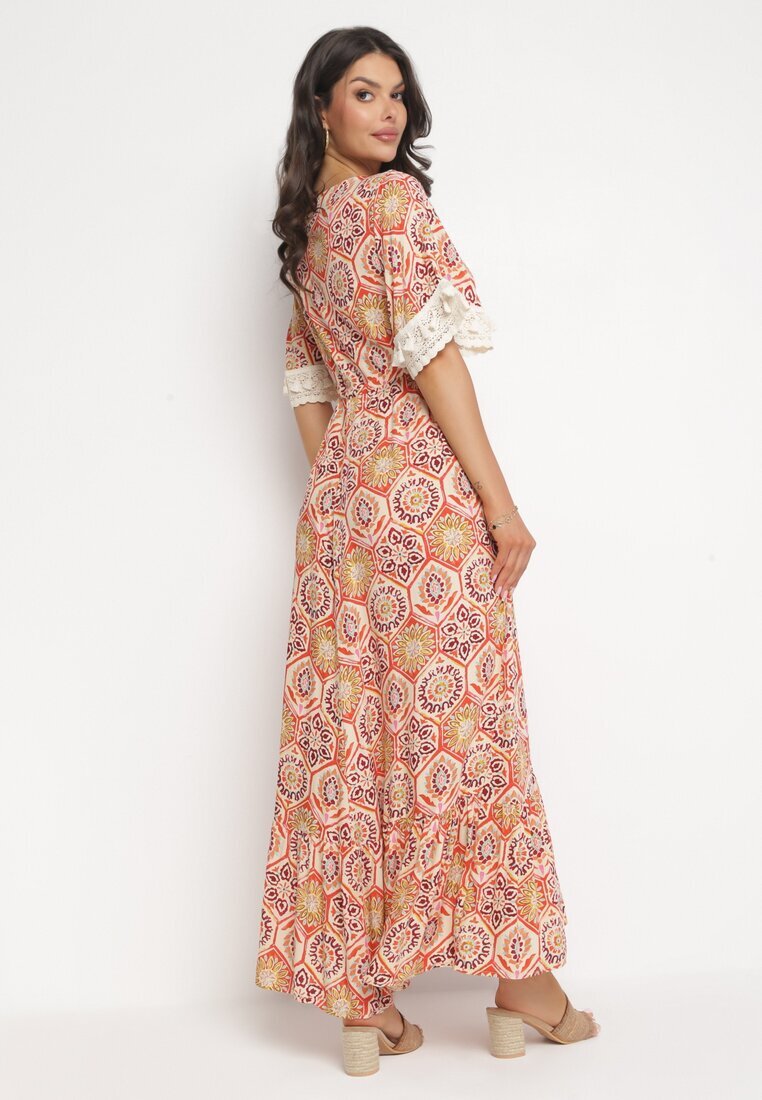 rosa Rochie Maxi Portocalie în stil Boho din viscoză decorată cu dantelă și volan Kamrius
