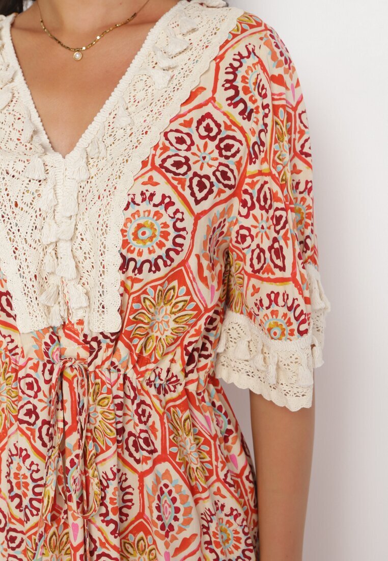 rosa Rochie Maxi Portocalie în stil Boho din viscoză decorată cu dantelă și volan Kamrius