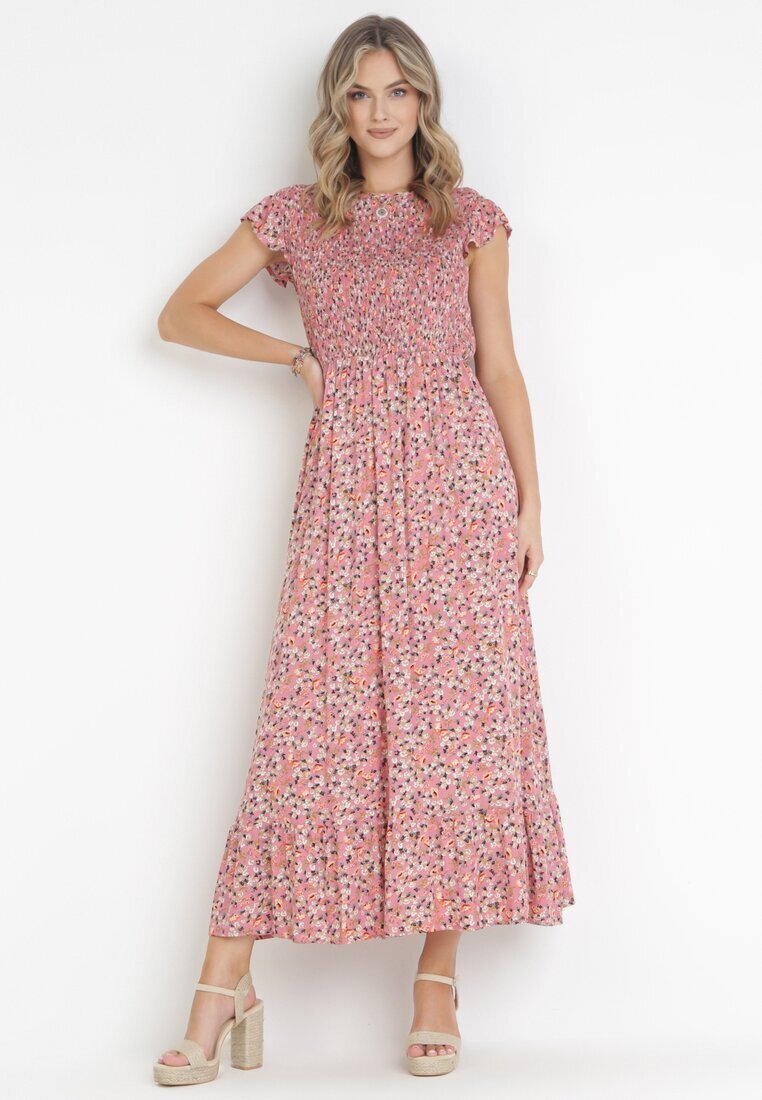 rosa Rochie Maxi Roz din Vâscoză cu Flori Annunali