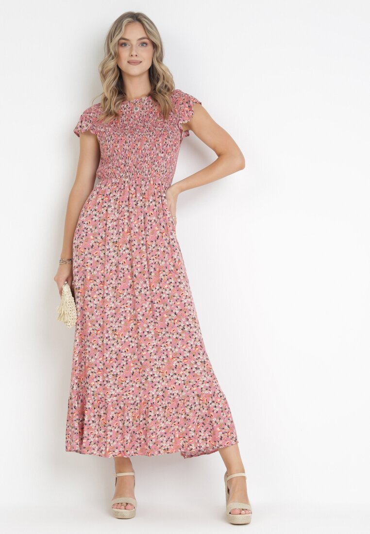rosa Rochie Maxi Roz din Vâscoză cu Flori Annunali