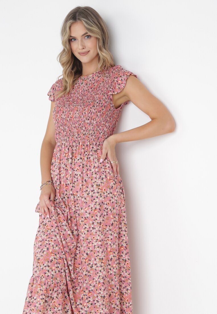 rosa Rochie Maxi Roz din Vâscoză cu Flori Annunali