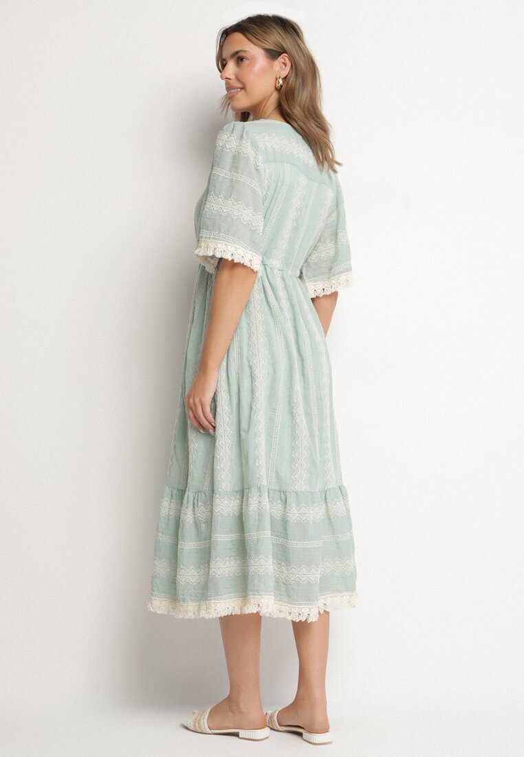 rosa Rochie mentă de bumbac boho cu croială evazată cu șnur și broderie Korithira