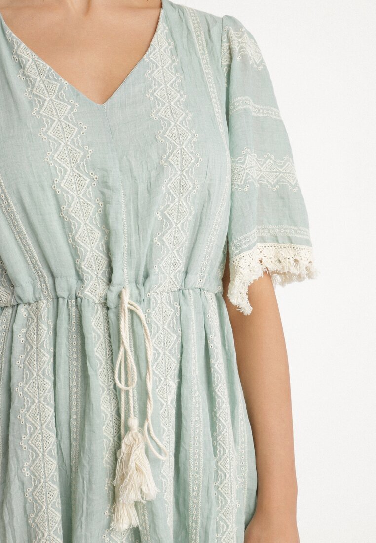 rosa Rochie mentă de bumbac boho cu croială evazată cu șnur și broderie Korithira