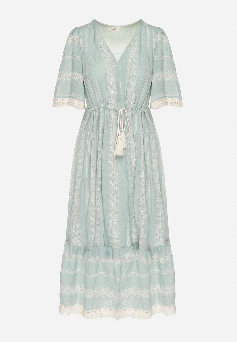 rosa Rochie mentă de bumbac boho cu croială evazată cu șnur și broderie Korithira