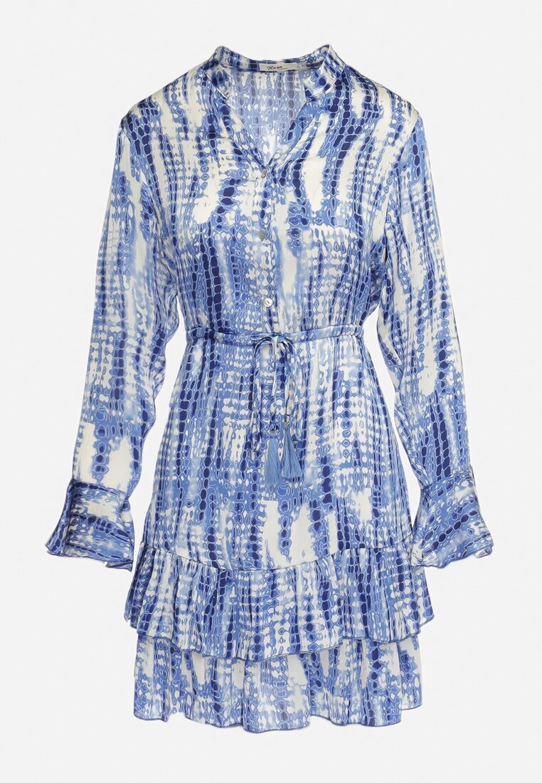 rosa Rochie Mini Albastră Decorată cu volane și cu model Acuarelă Panava