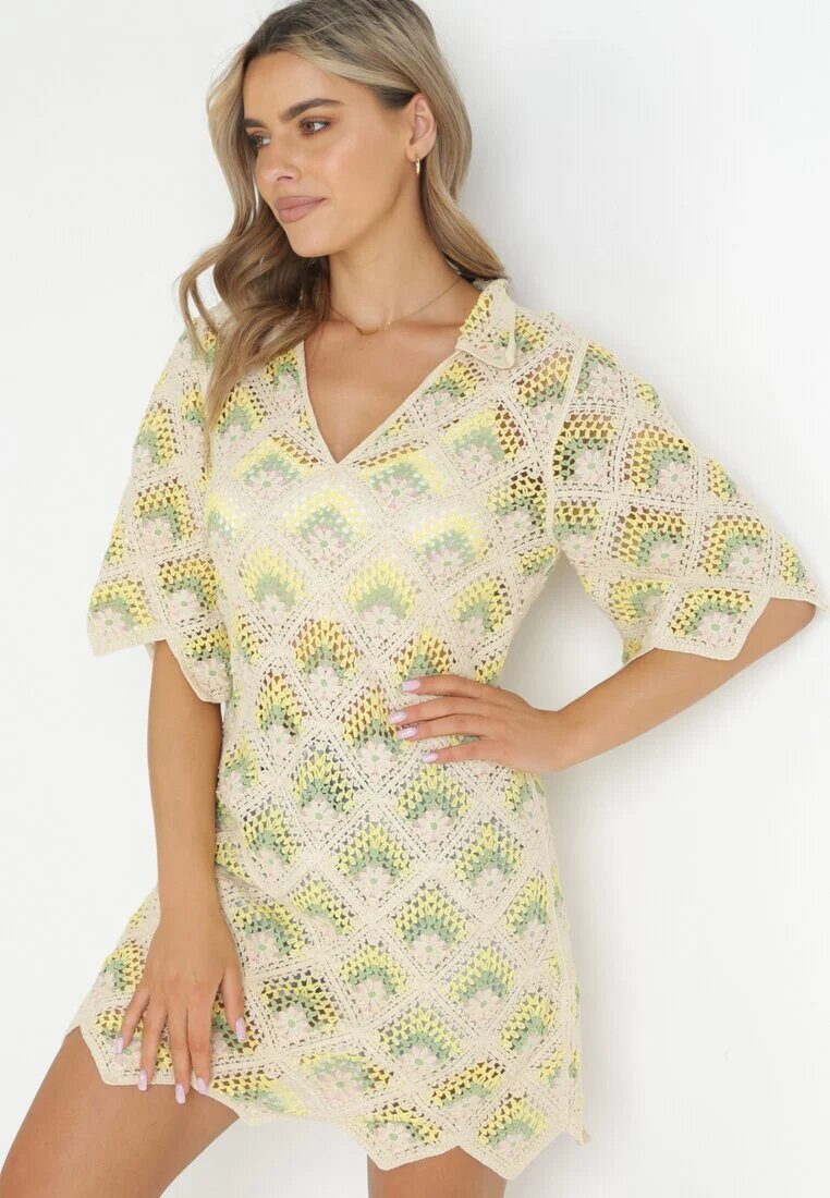 rosa Rochie Mini Cutie Bej-Verde cu Decolteu Adânc din Bumbac Croșetat Cristel
