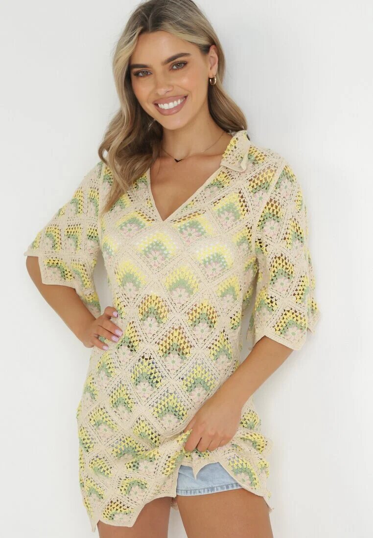 rosa Rochie Mini Cutie Bej-Verde cu Decolteu Adânc din Bumbac Croșetat Cristel