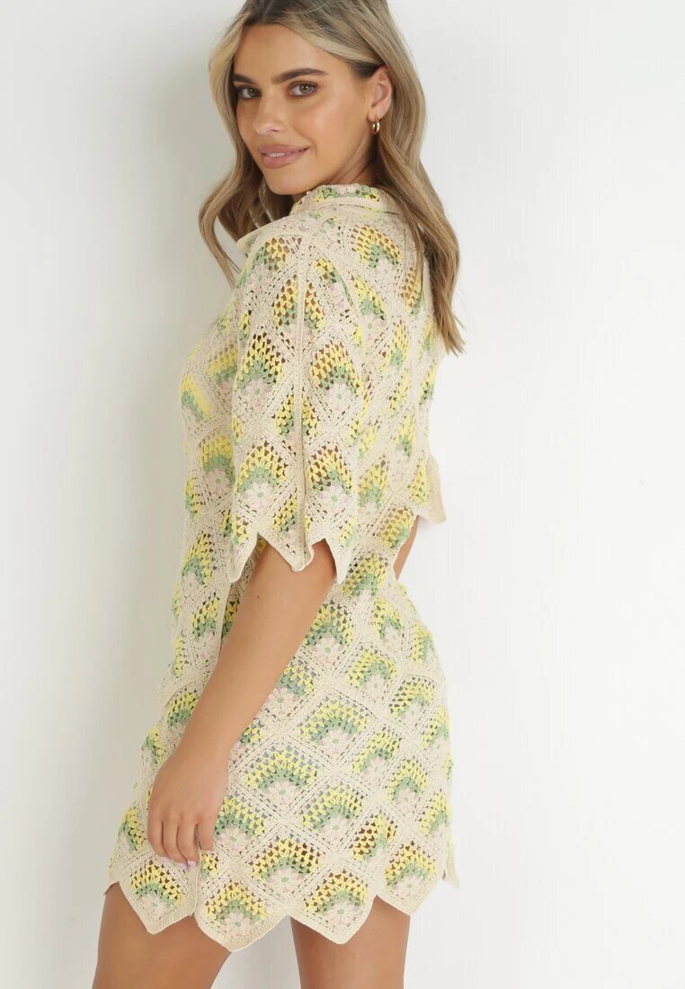 rosa Rochie Mini Cutie Bej-Verde cu Decolteu Adânc din Bumbac Croșetat Cristel