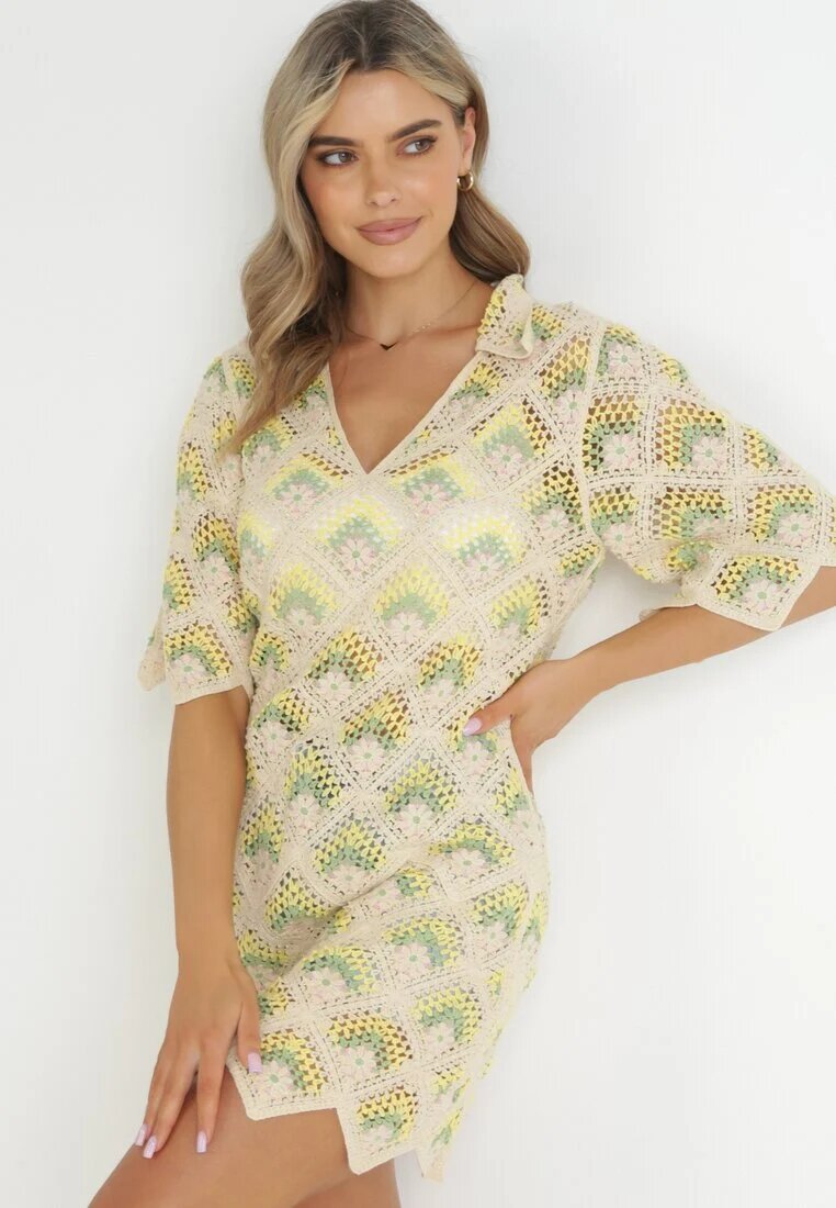 rosa Rochie Mini Cutie Bej-Verde cu Decolteu Adânc din Bumbac Croșetat Cristel
