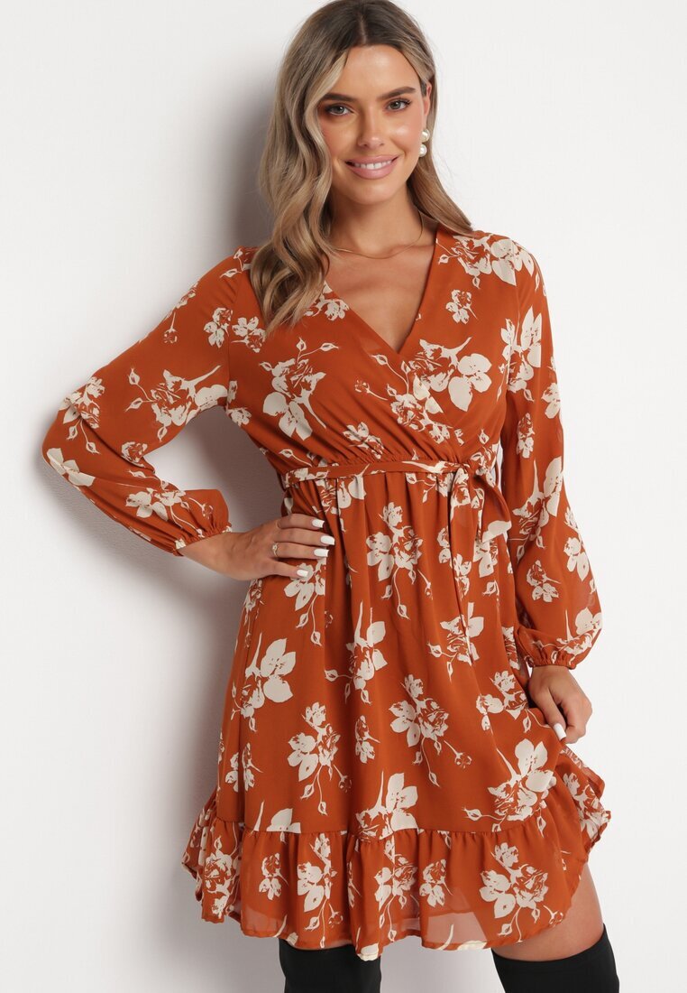 rosa Rochie Mini Maro Deschis cu Volan și Elastic în Talie Lisanor