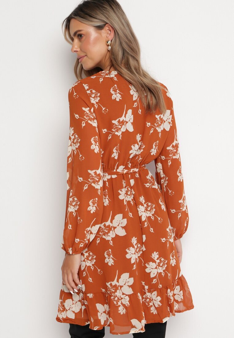rosa Rochie Mini Maro Deschis cu Volan și Elastic în Talie Lisanor
