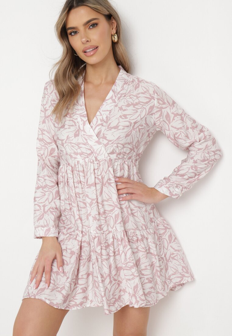 rosa Rochie Mini Roz-Albă Cloș cu motiv frunze și volan Eralia