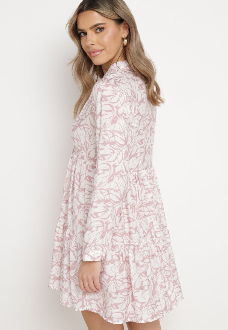 rosa Rochie Mini Roz-Albă Cloș cu motiv frunze și volan Eralia