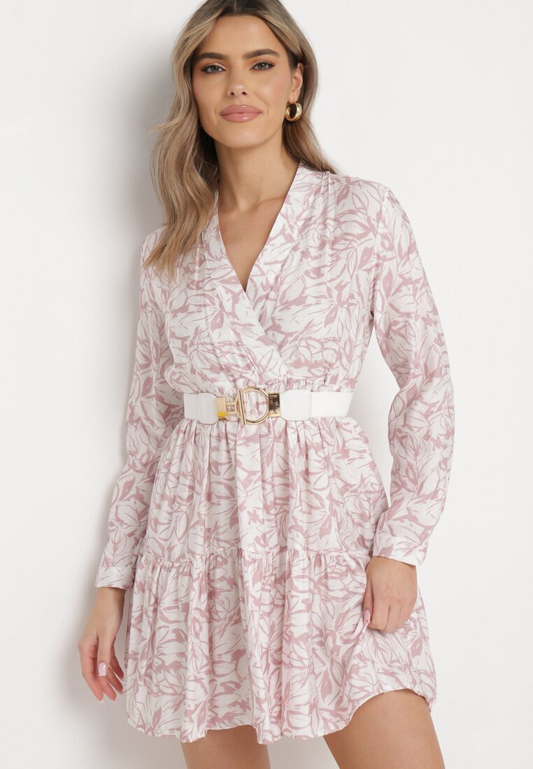 rosa Rochie Mini Roz-Albă Cloș cu motiv frunze și volan Eralia