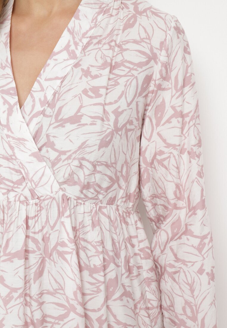 rosa Rochie Mini Roz-Albă Cloș cu motiv frunze și volan Eralia