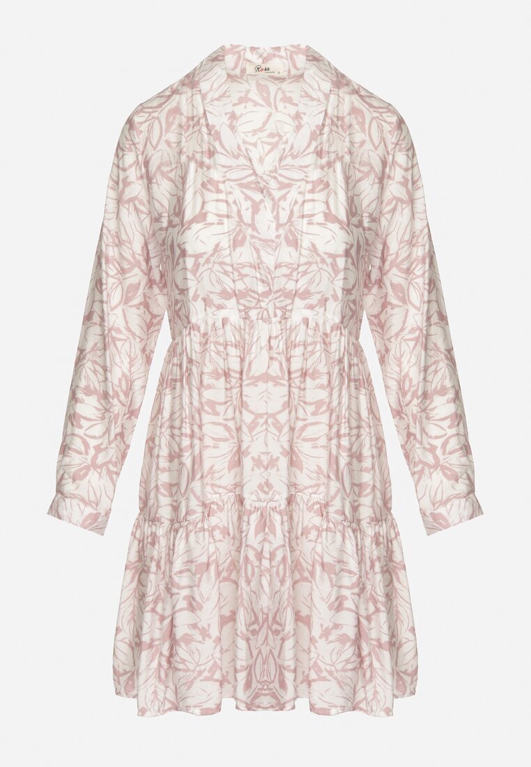 rosa Rochie Mini Roz-Albă Cloș cu motiv frunze și volan Eralia