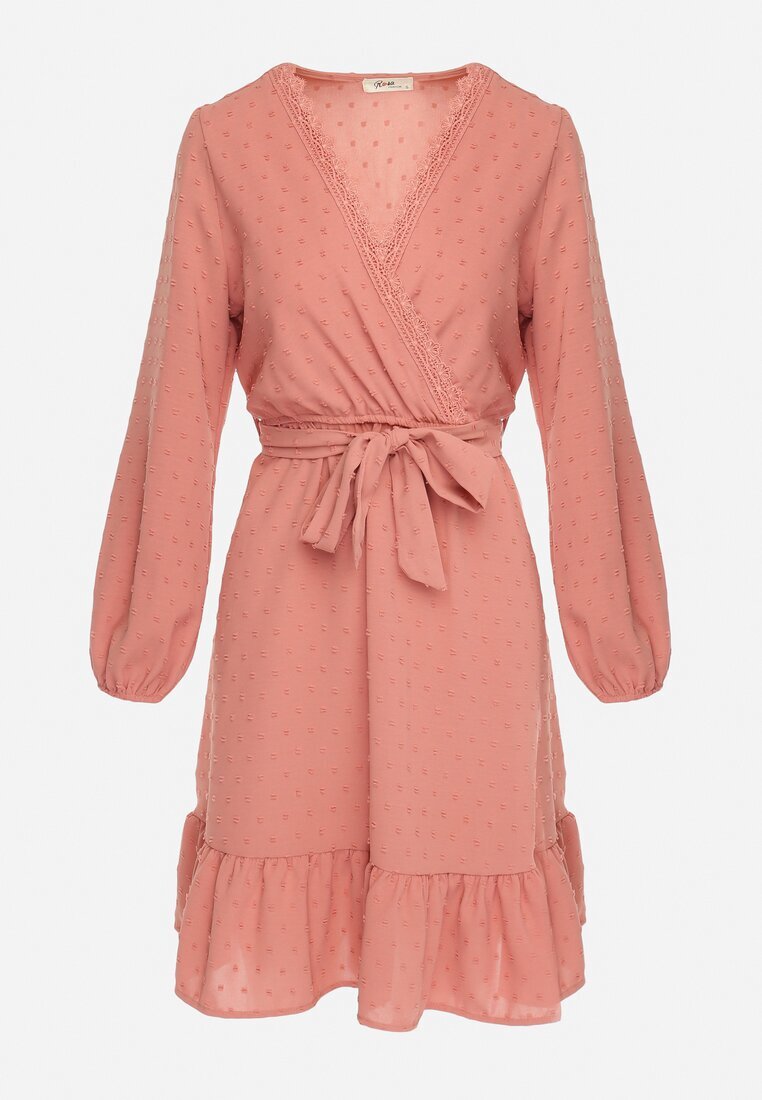 rosa Rochie Mini Roz din Țesătură Plumeti cu Dantelă și Curea din Material Difia