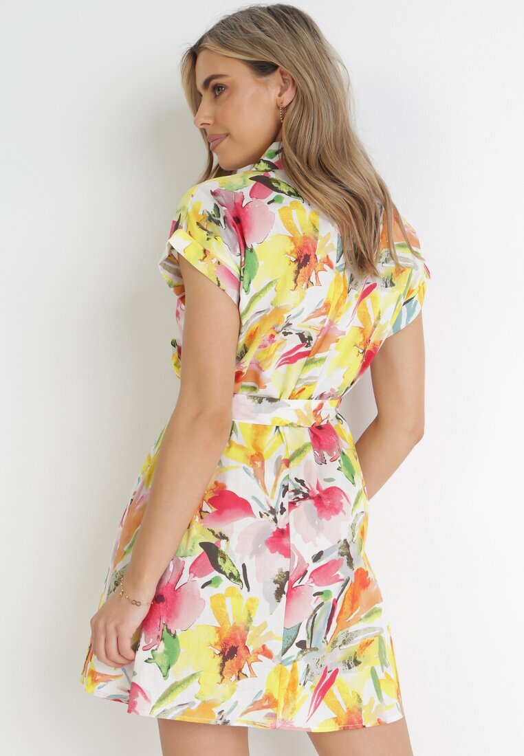 rosa Rochie Mini tip cămașă Galben-Albă cu Mânecă Scurtă și Curea din Material din Bumbac Jadia