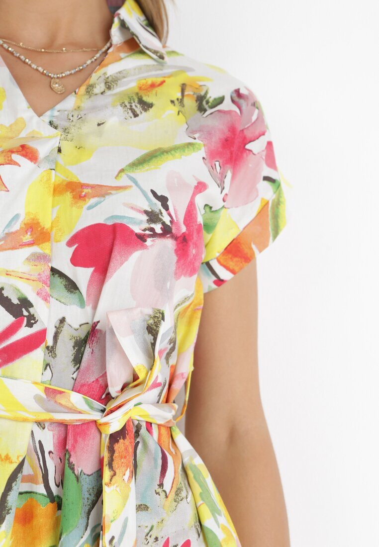 rosa Rochie Mini tip cămașă Galben-Albă cu Mânecă Scurtă și Curea din Material din Bumbac Jadia