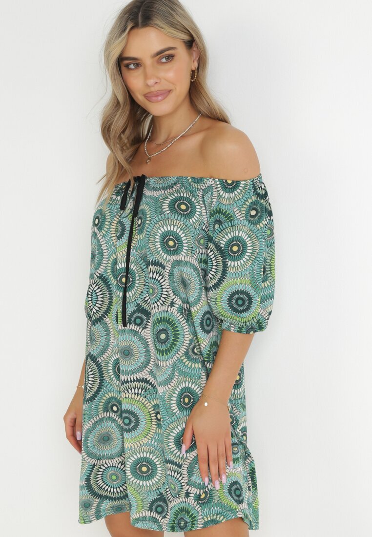 rosa Rochie Mini Verde cu Decolteu Spaniol și Nod Decorativ Yarelina