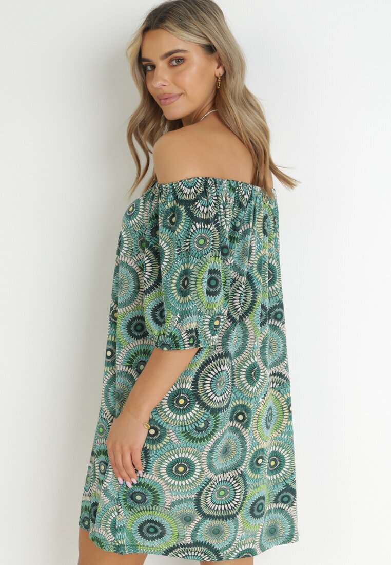 rosa Rochie Mini Verde cu Decolteu Spaniol și Nod Decorativ Yarelina