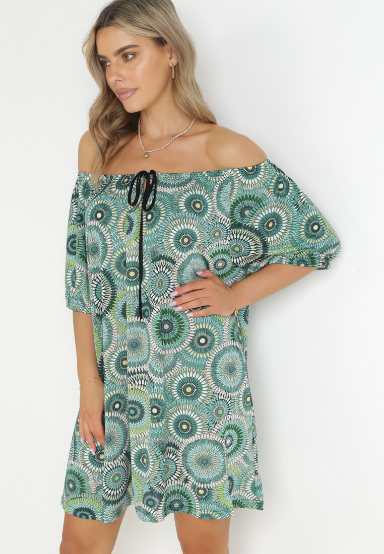 rosa Rochie Mini Verde cu Decolteu Spaniol și Nod Decorativ Yarelina