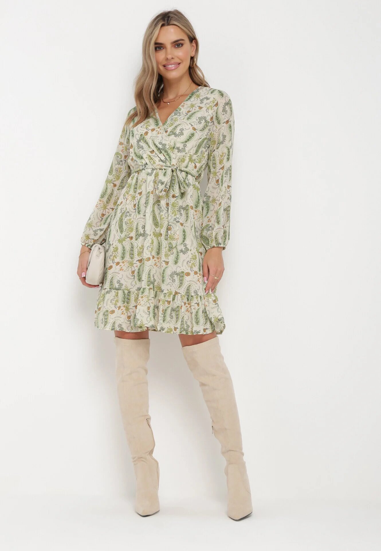 rosa Rochie Mini Verde deschisă cu elastic în talie și curea din material Matelyn