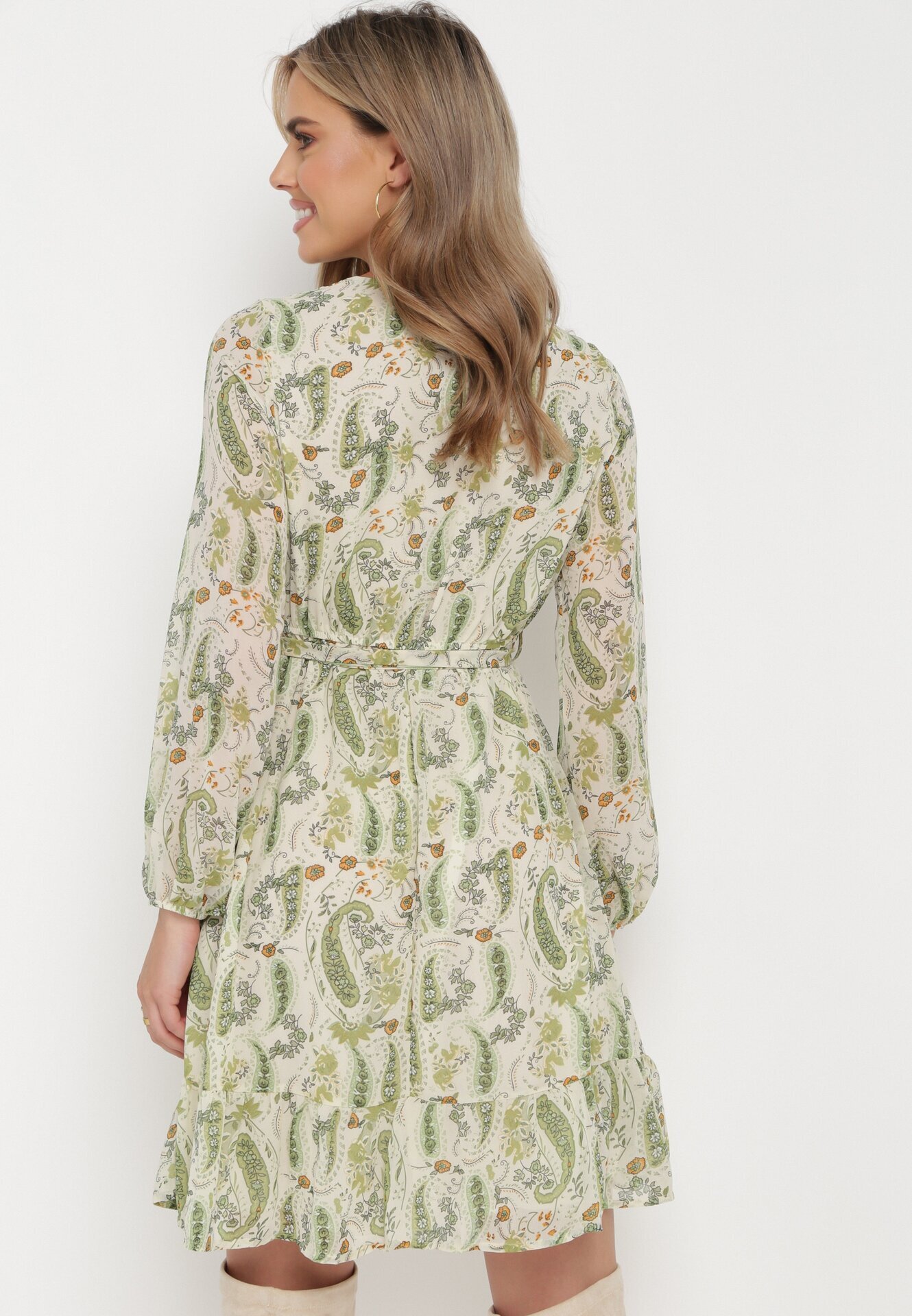 rosa Rochie Mini Verde deschisă cu elastic în talie și curea din material Matelyn