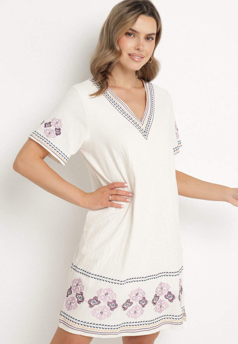 rosa Rochie Mov de bumbac cu o croială dreaptă decorată cu broderii Tirkio