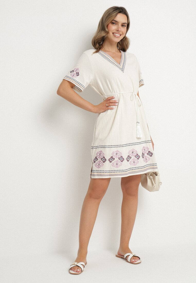 rosa Rochie Mov de bumbac cu o croială dreaptă decorată cu broderii Tirkio