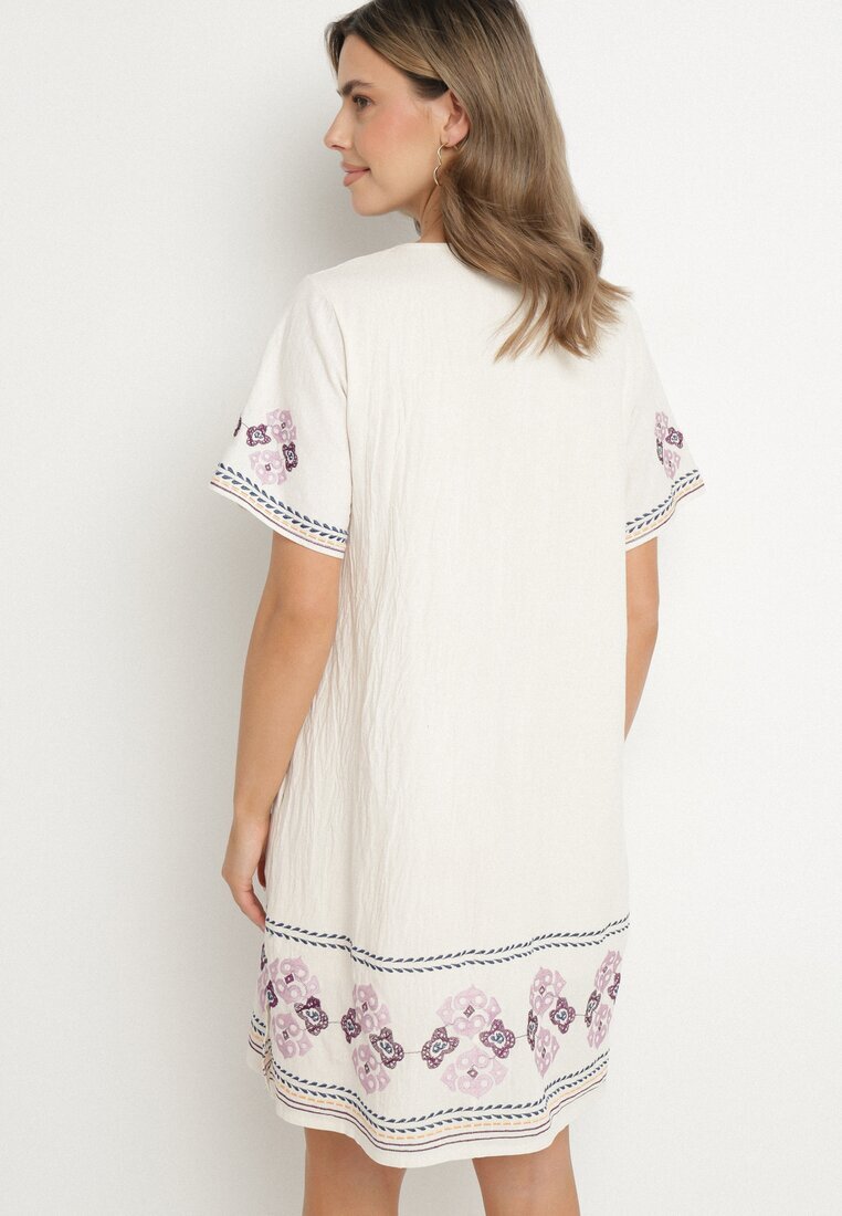 rosa Rochie Mov de bumbac cu o croială dreaptă decorată cu broderii Tirkio