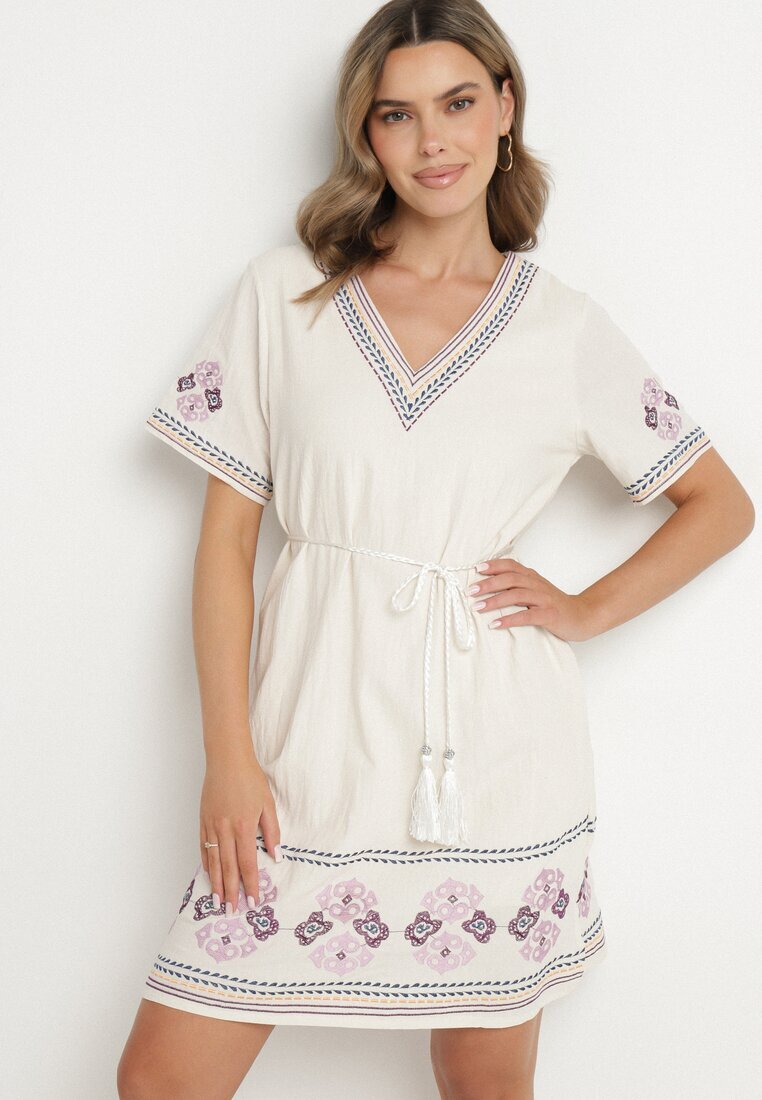 rosa Rochie Mov de bumbac cu o croială dreaptă decorată cu broderii Tirkio
