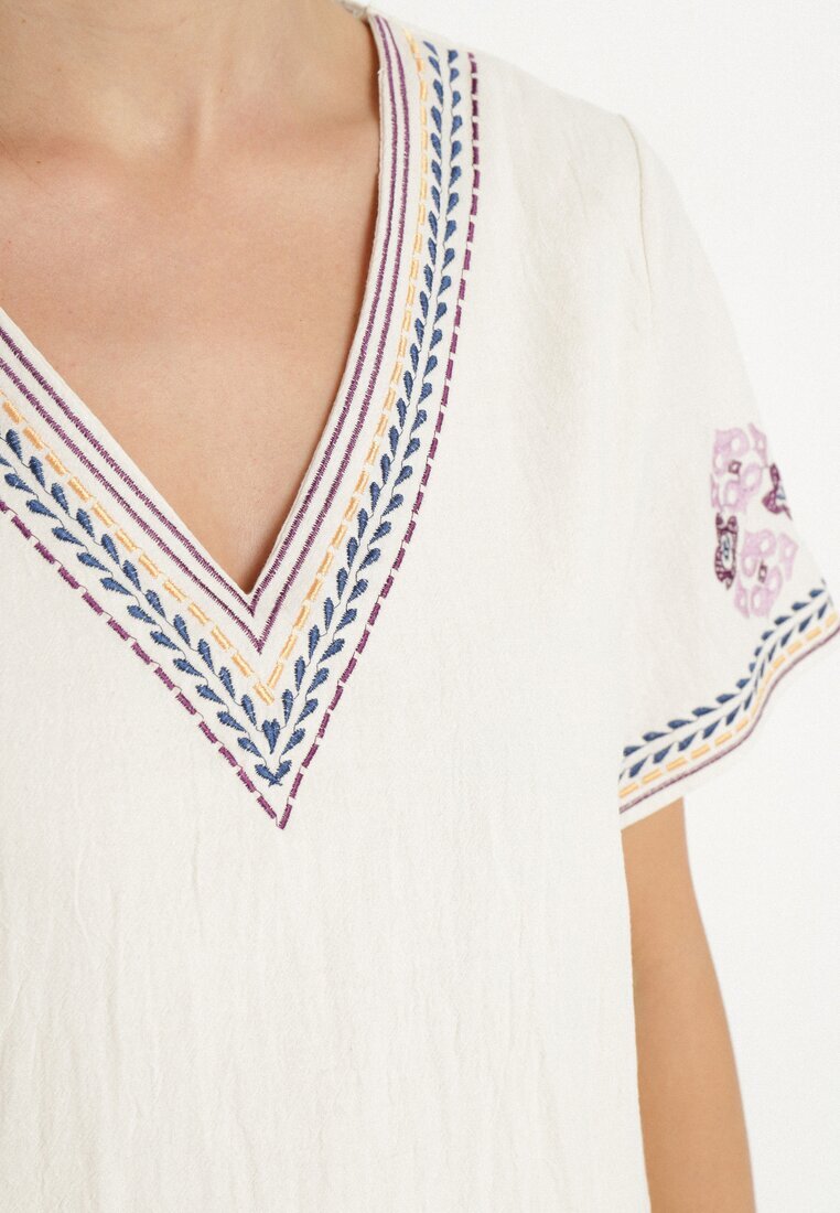 rosa Rochie Mov de bumbac cu o croială dreaptă decorată cu broderii Tirkio