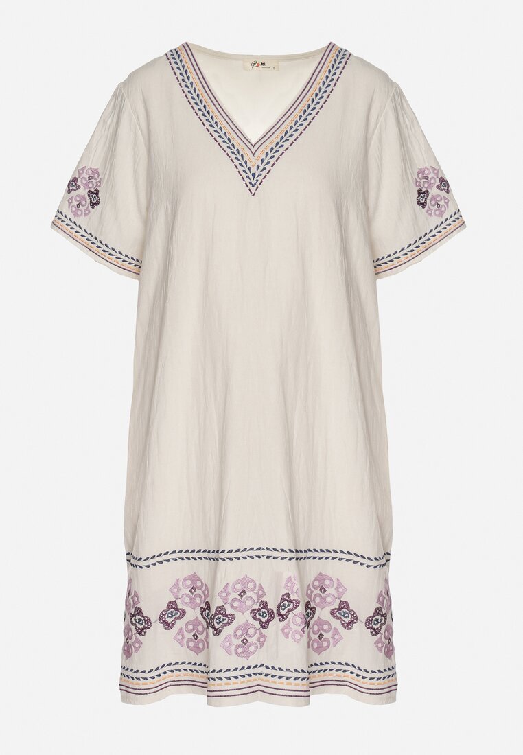 rosa Rochie Mov de bumbac cu o croială dreaptă decorată cu broderii Tirkio