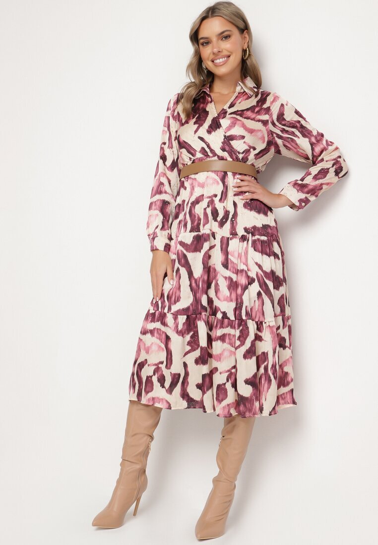 rosa Rochie mov petrecută cu model abstract cu elastic în talie și curea Zinnitaria