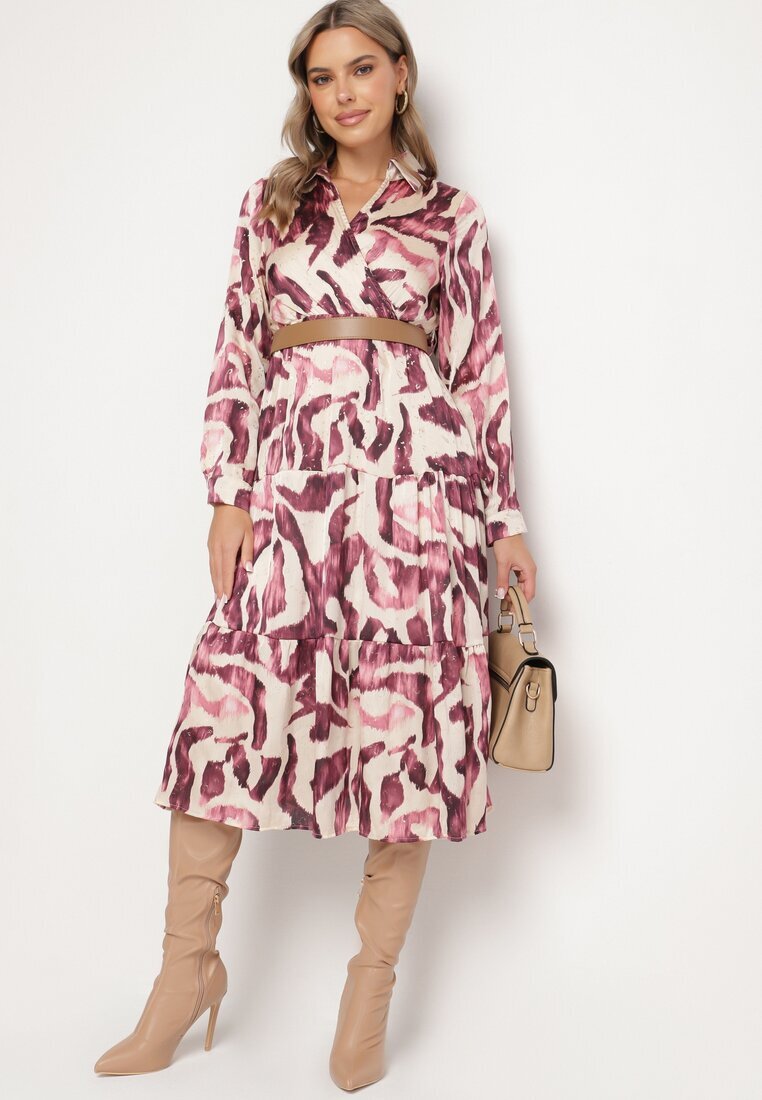 rosa Rochie mov petrecută cu model abstract cu elastic în talie și curea Zinnitaria