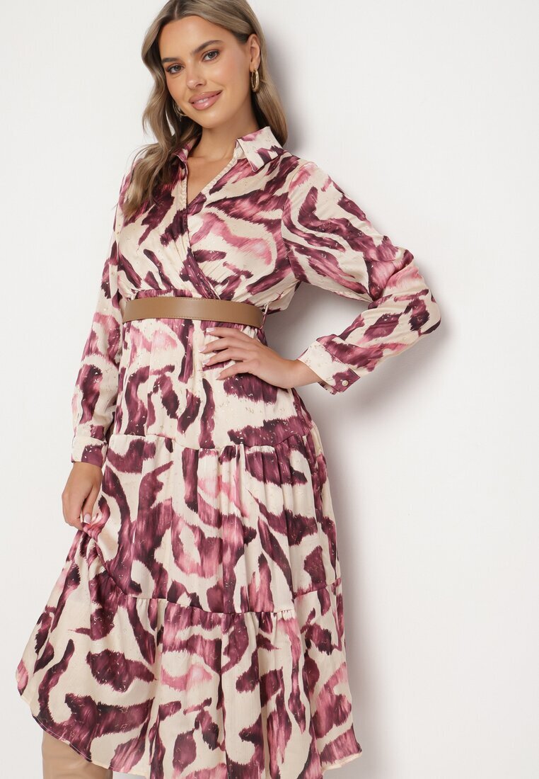 rosa Rochie mov petrecută cu model abstract cu elastic în talie și curea Zinnitaria