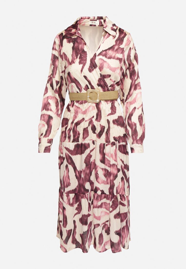 rosa Rochie mov petrecută cu model abstract cu elastic în talie și curea Zinnitaria