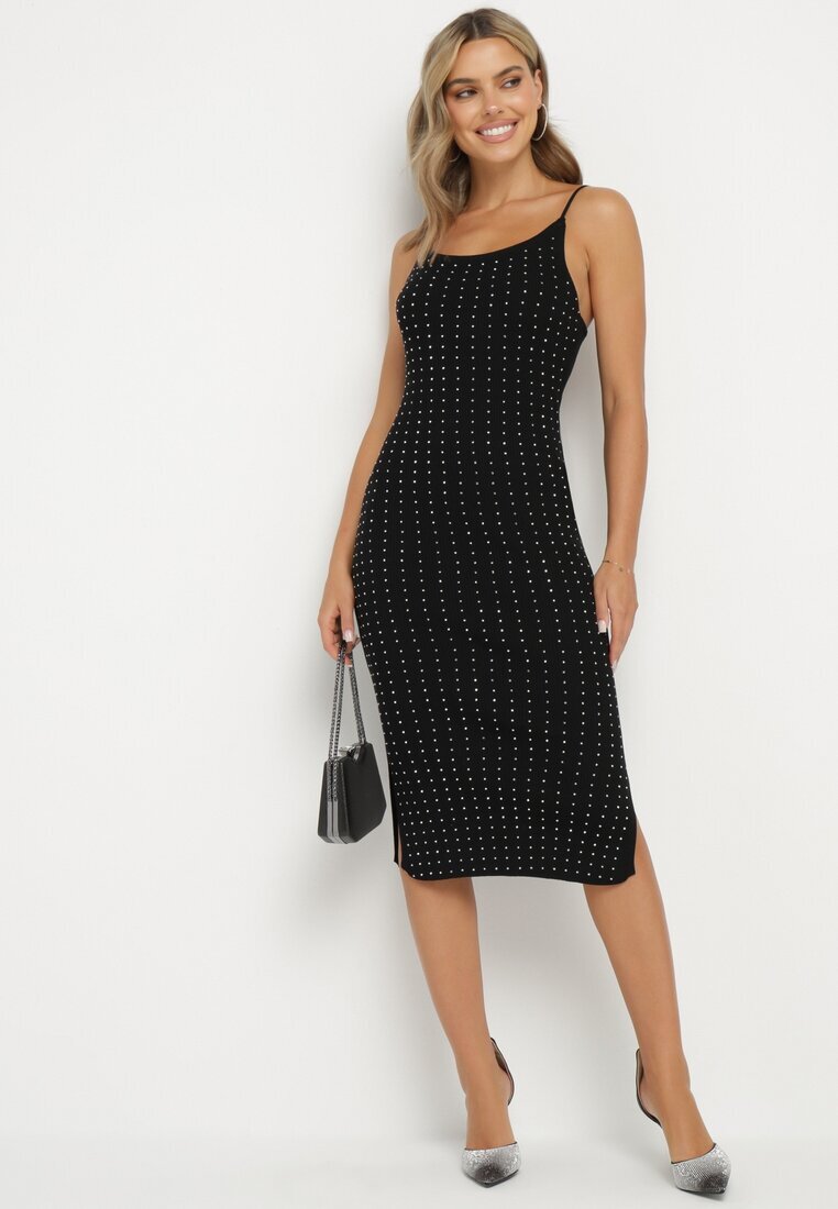 rosa Rochie Neagră Cambrată din tricot cu viscoză decorată cu zirconii și șliț Selwenn