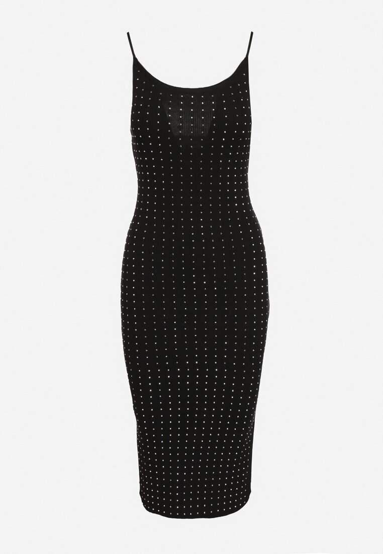 rosa Rochie Neagră Cambrată din tricot cu viscoză decorată cu zirconii și șliț Selwenn