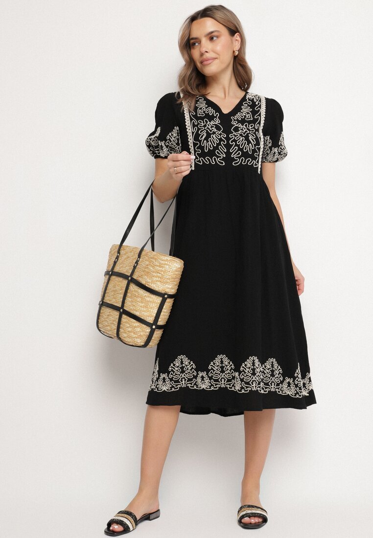 rosa Rochie Neagră De bumbac Boho Cu croi evazat Decorată cu broderie Lannivra