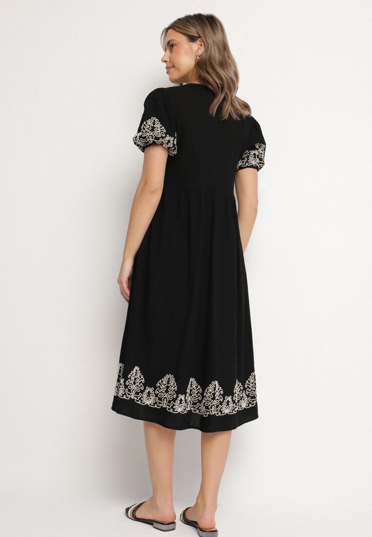 rosa Rochie Neagră De bumbac Boho Cu croi evazat Decorată cu broderie Lannivra