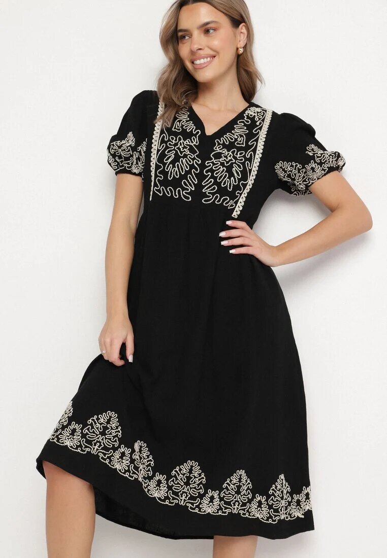 rosa Rochie Neagră De bumbac Boho Cu croi evazat Decorată cu broderie Lannivra
