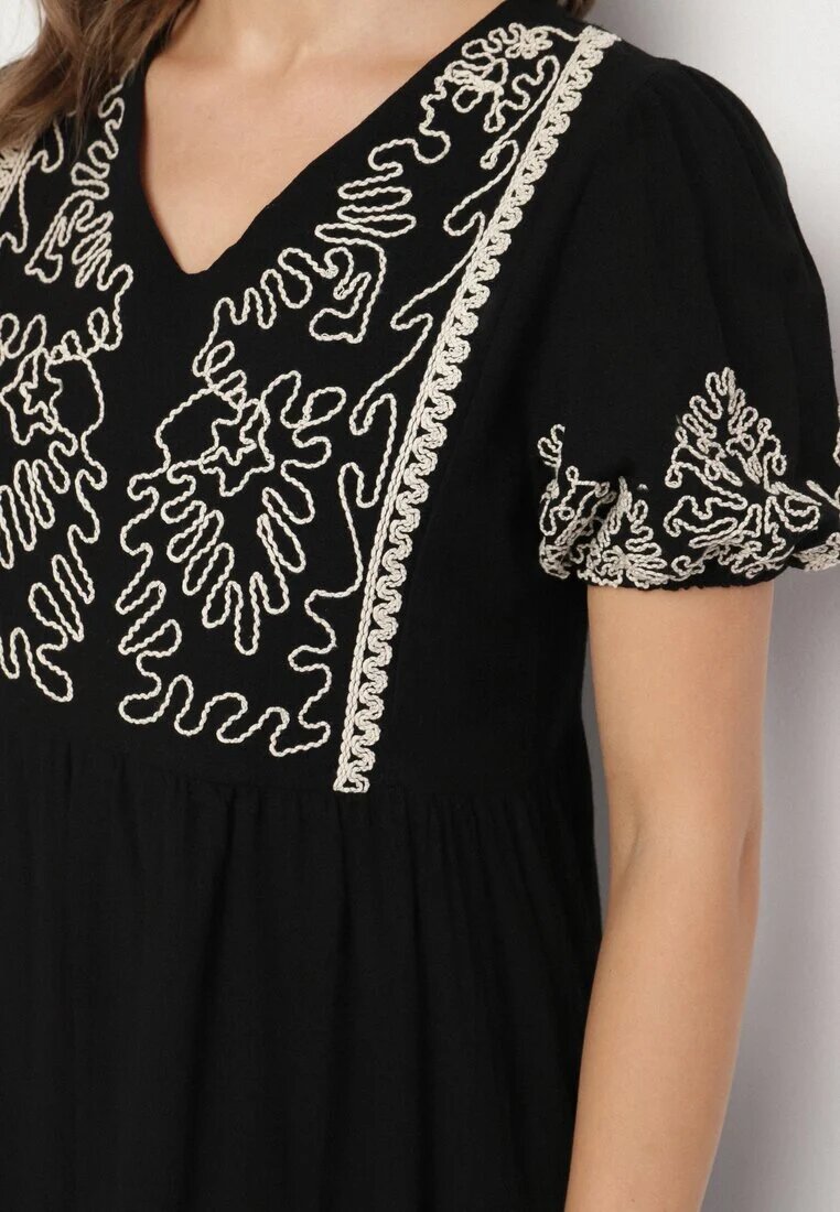 rosa Rochie Neagră De bumbac Boho Cu croi evazat Decorată cu broderie Lannivra