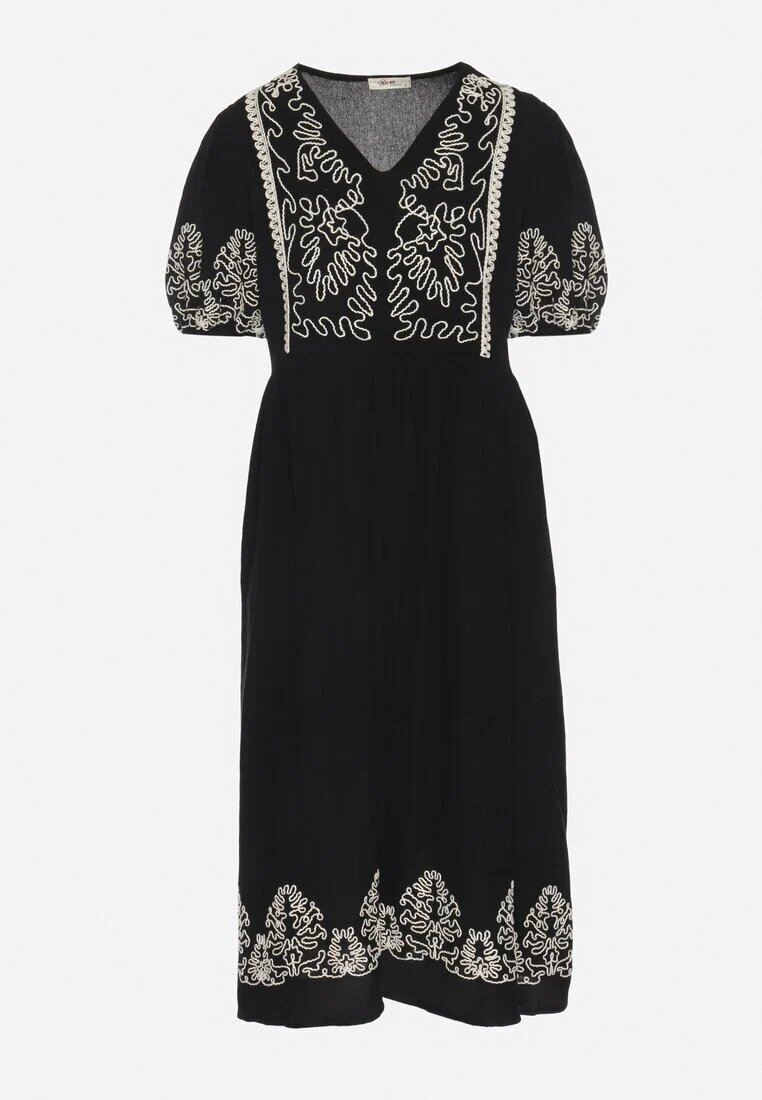 rosa Rochie Neagră De bumbac Boho Cu croi evazat Decorată cu broderie Lannivra