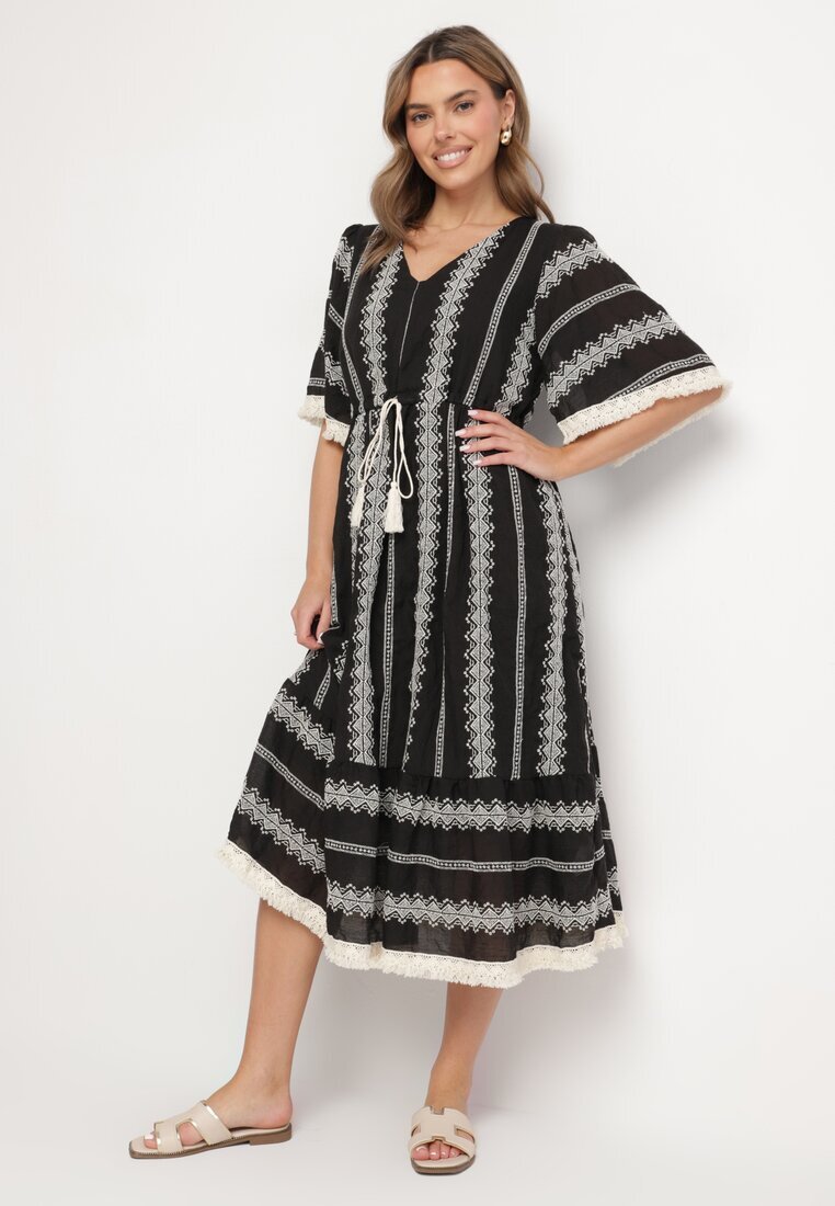 rosa Rochie Neagră din Bumbac Stil Boho cu Croi Evazat cu Legătură și Broderie Korithira