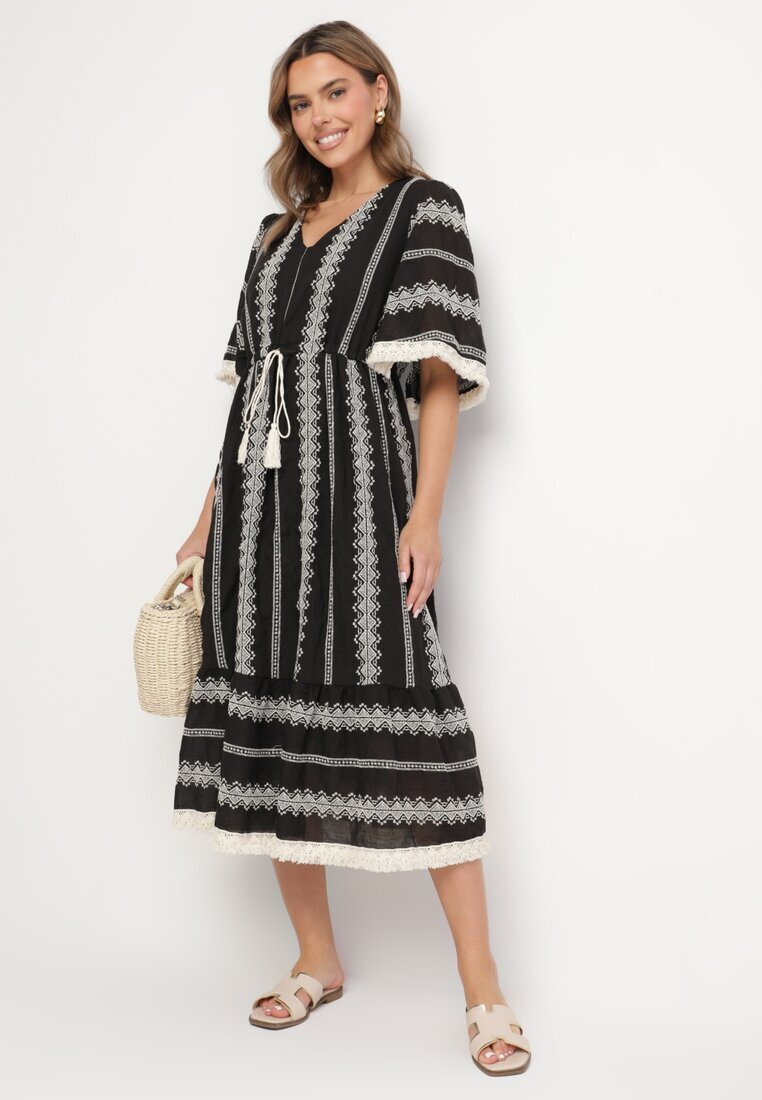 rosa Rochie Neagră din Bumbac Stil Boho cu Croi Evazat cu Legătură și Broderie Korithira