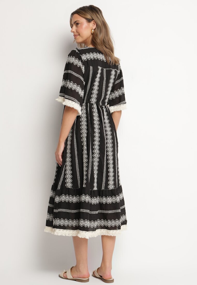 rosa Rochie Neagră din Bumbac Stil Boho cu Croi Evazat cu Legătură și Broderie Korithira
