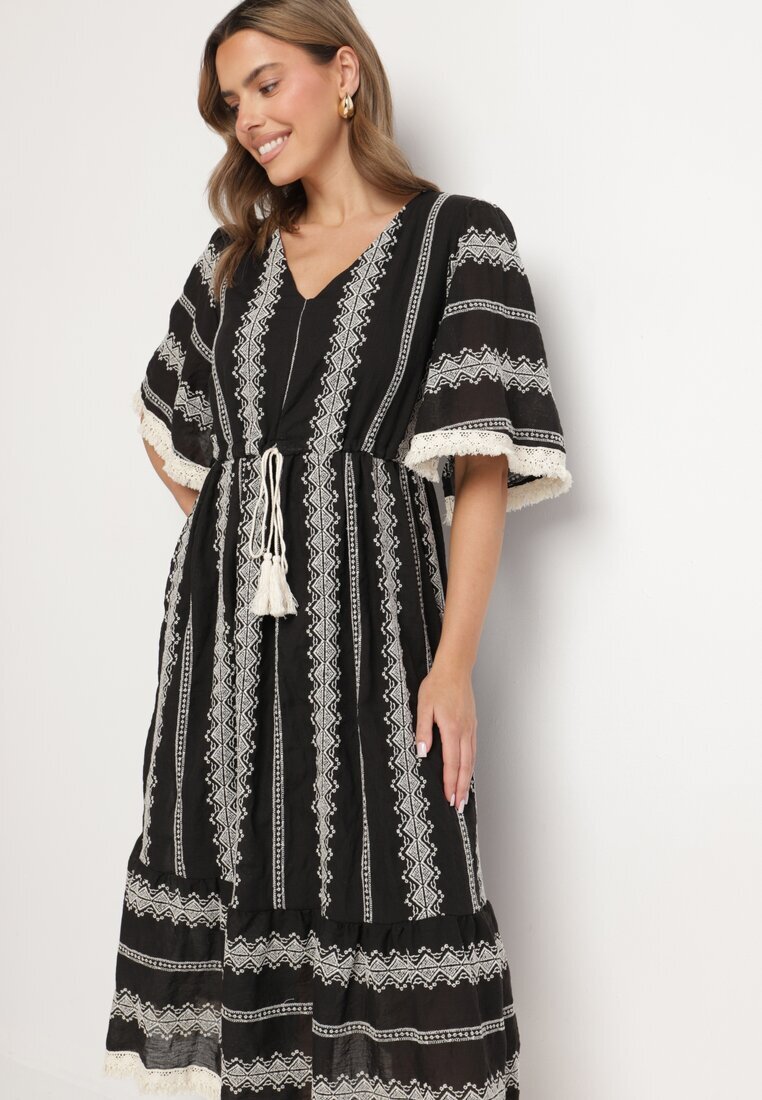 rosa Rochie Neagră din Bumbac Stil Boho cu Croi Evazat cu Legătură și Broderie Korithira