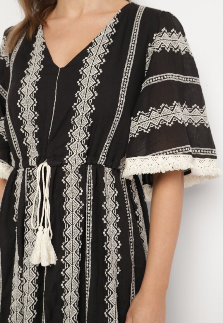 rosa Rochie Neagră din Bumbac Stil Boho cu Croi Evazat cu Legătură și Broderie Korithira